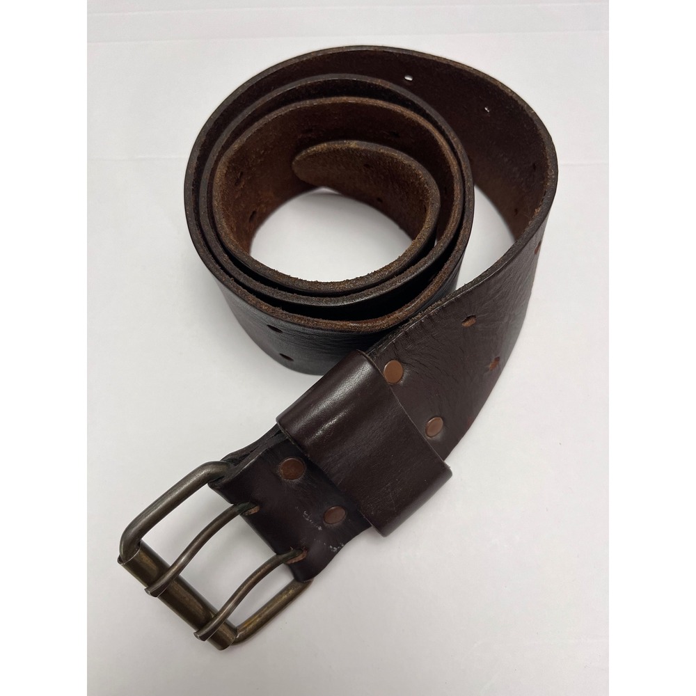 Vintage Brown Genuine Cowhide Leather Belt Double Prong Roller Buckle Paris